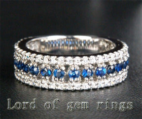 Blue Sapphire Diamond Triple Row September Birthstone Band - Lord of Gem Rings