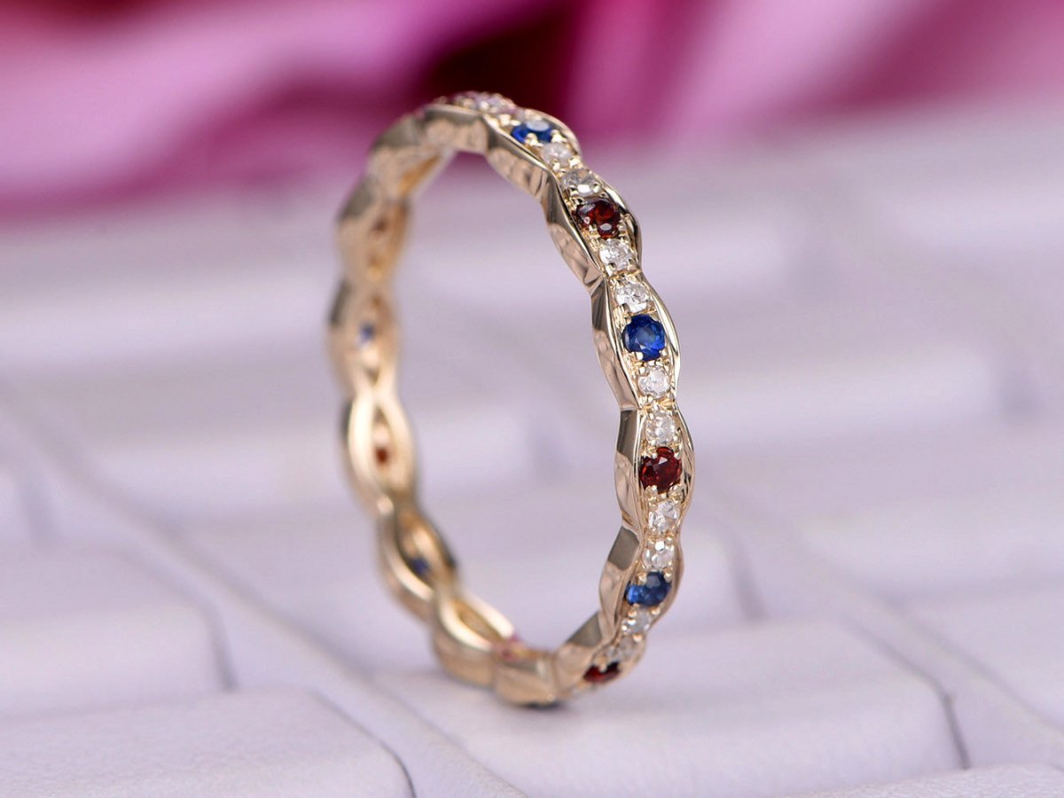 Blue Sapphire Garnet January September Birthstone Band - Lord of Gem Rings