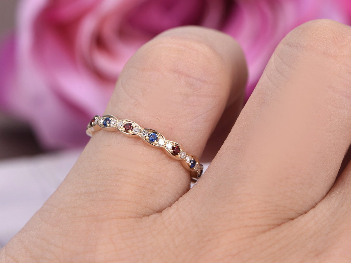 Blue Sapphire Garnet January September Birthstone Band - Lord of Gem Rings