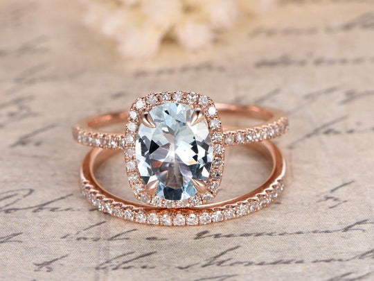 Bridal Set,7x9mm Oval Aquamarine Engagement Ring with Cushion Halo in 14k Rose Gold