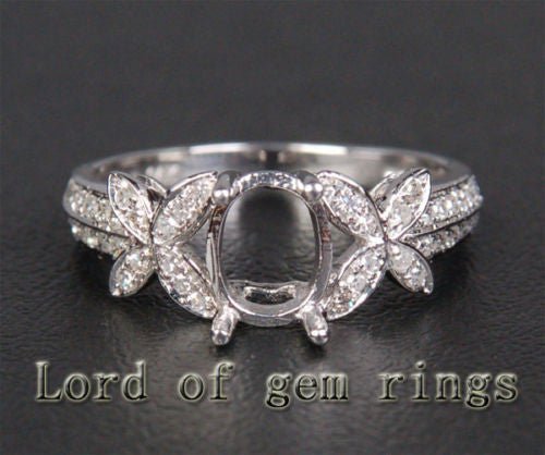 Butterfly 6x8mm Oval Diamond Engagement Semi Mount Ring 14K White Gold