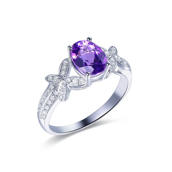Butterfly Oval Dark Amethyst Diamond Accents Engagement Ring - Lord of Gem Rings