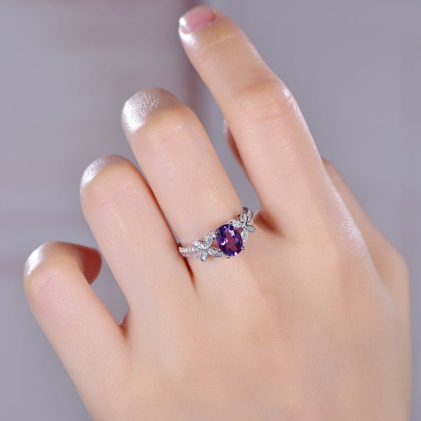 Butterfly Oval Dark Amethyst Diamond Accents Engagement Ring - Lord of Gem Rings