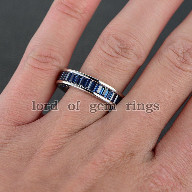 Channel-Set Emerald Cut Blue Sapphire September Birthstone Band in 14K Gold - Lord of Gem Rings