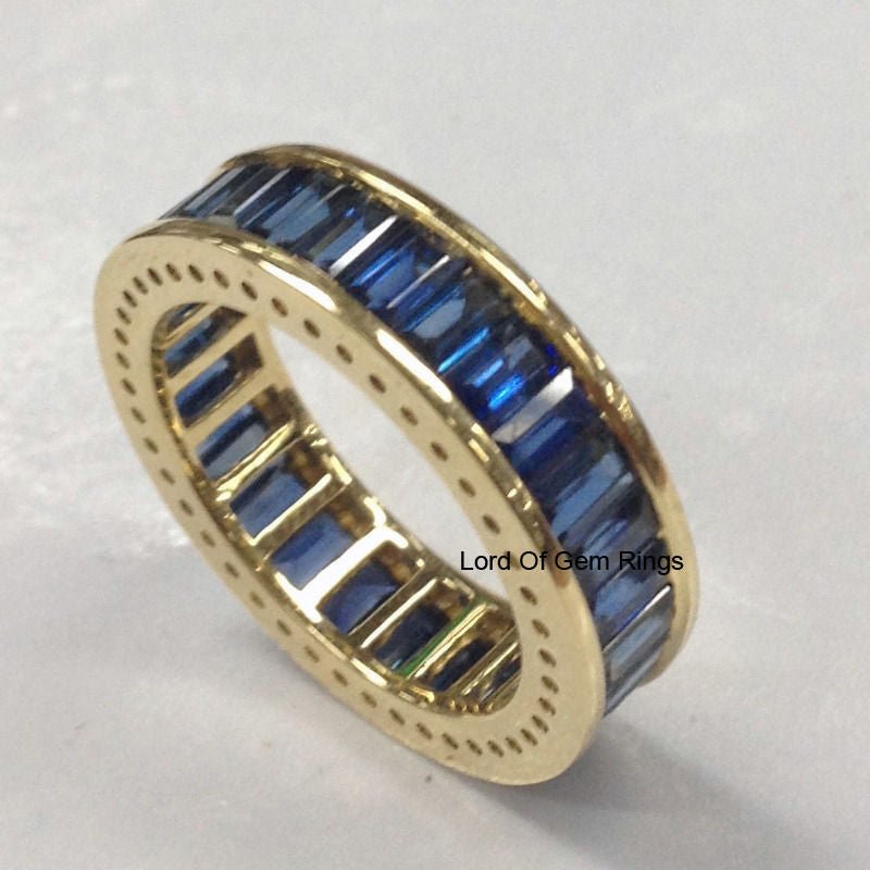 Channel-Set Emerald Cut Sapphire September Birthstone Band in 18K Yellow Gold - Lord of Gem Rings