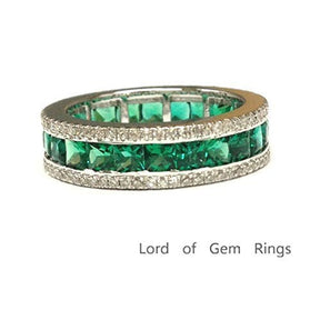 Channel-Set Princess Emerald Diamond May Birthstone Band in White Gold - Lord of Gem Rings