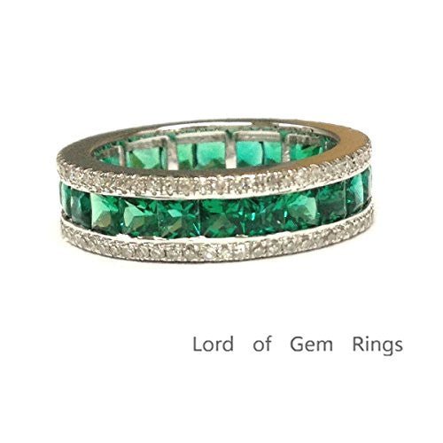 Channel-Set Princess Emerald Diamond May Birthstone Band in White Gold - Lord of Gem Rings