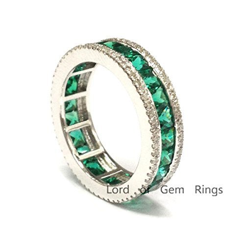 Channel-Set Princess Emerald Diamond May Birthstone Band in White Gold - Lord of Gem Rings