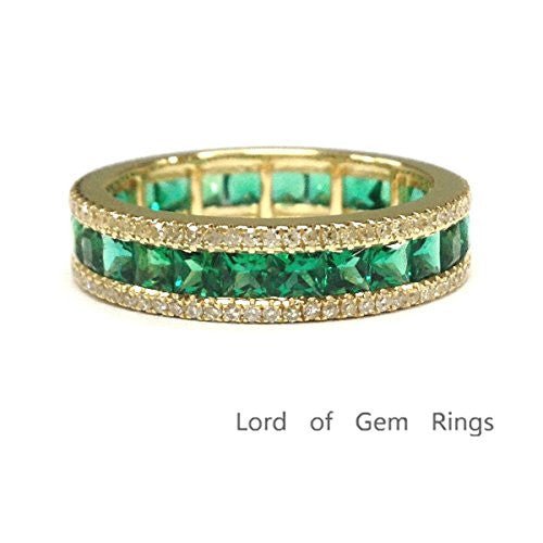 Channel-Set Princess Emerald Diamond May Birthstone Band in Yellow Gold - Lord of Gem Rings