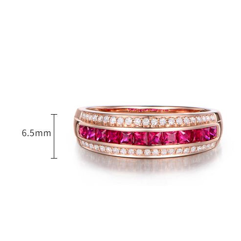 Channel-Set Princess Ruby Diamond Railway July Birthstone Band 18K Gold - Lord of Gem Rings