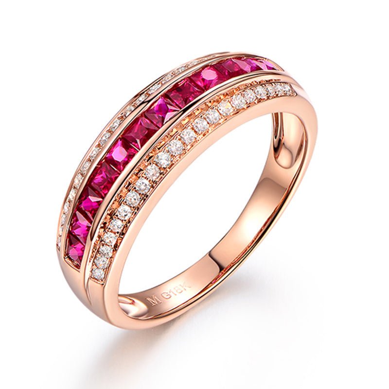 Channel-Set Princess Ruby Diamond Railway July Birthstone Band 18K Gold - Lord of Gem Rings