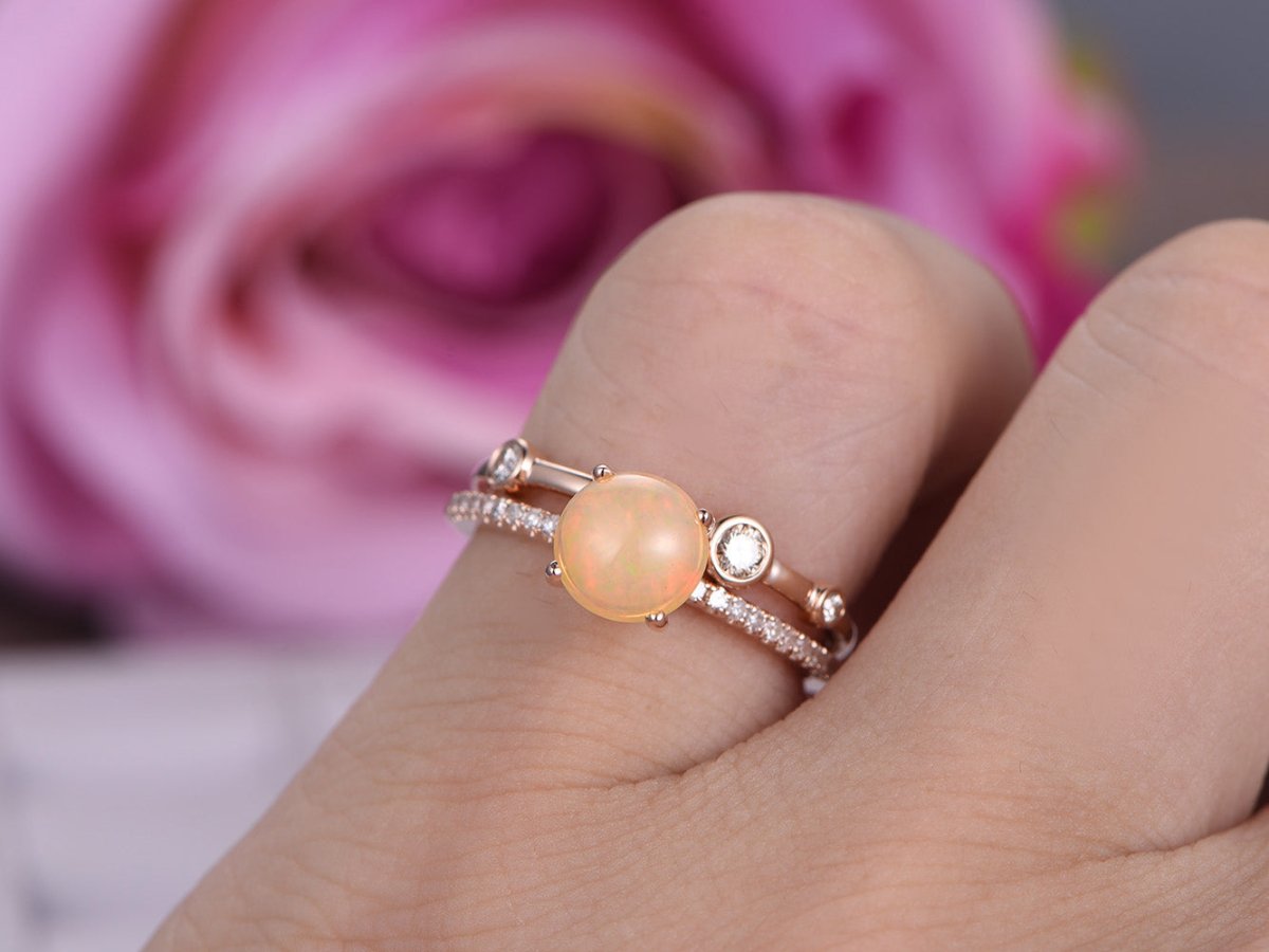 Chic Round Opal Diamond Bubble Bridal Set 14K Rose Gold - Lord of Gem Rings