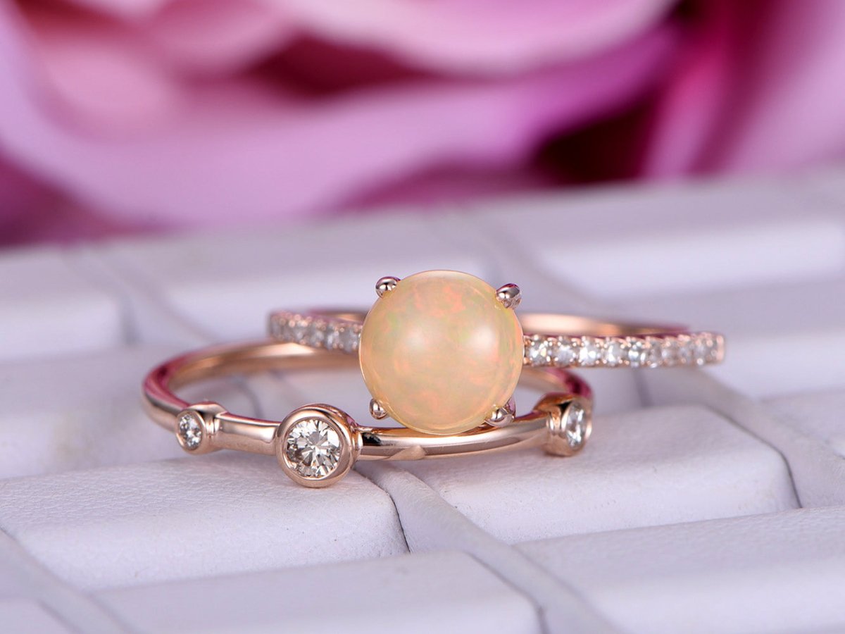 Chic Round Opal Diamond Bubble Bridal Set 14K Rose Gold - Lord of Gem Rings