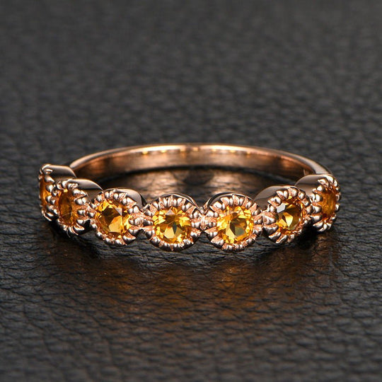 Citrine Wedding Band Half Eternity Anniversary Ring  14K Rose Gold 3mm Round