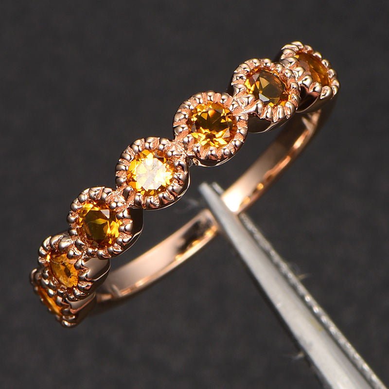 Citrine Wedding Band Half Eternity Anniversary Ring 14K Rose Gold 3mm Round - Lord of Gem Rings