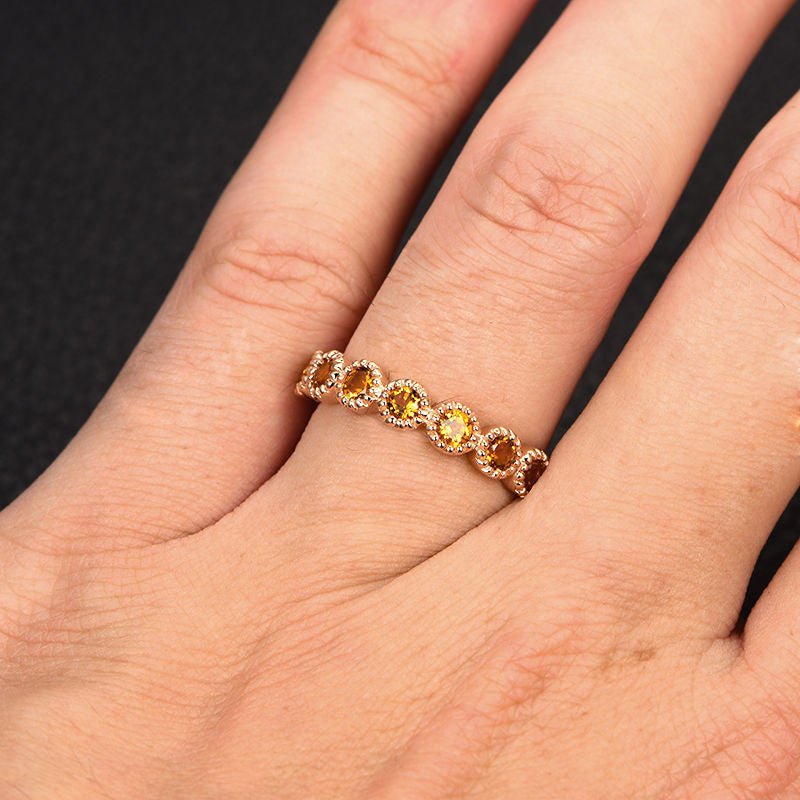 Citrine Wedding Band Half Eternity Anniversary Ring 14K Rose Gold 3mm Round - Lord of Gem Rings