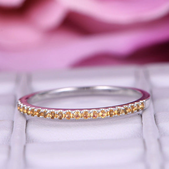 Citrine Wedding Band Half Eternity Anniversary Ring 14K White Gold