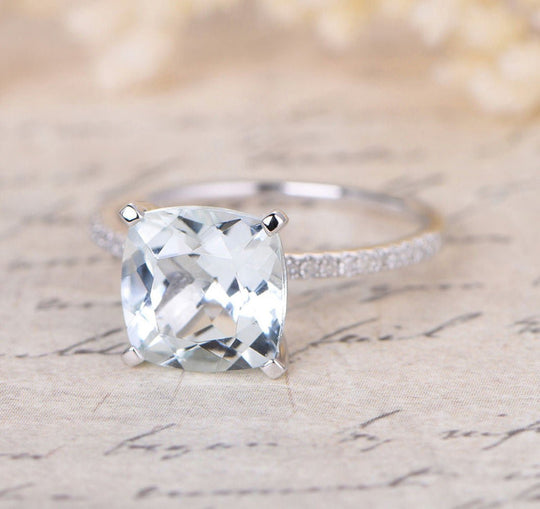 Classic Cushion Light Blue Aquamarine Diamond Engagement Ring
