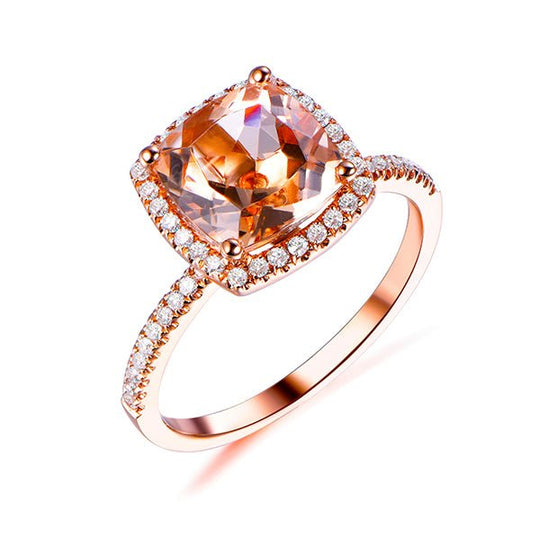 Classic Cushion Morganite Ring Diamond Halo 14K Rose Gold