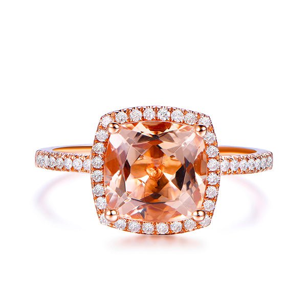 Classic Cushion Morganite Ring Diamond Halo 14K Rose Gold - Lord of Gem Rings