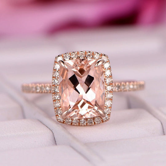 Classic Cushion Morganite Ring Diamond Halo 14K Rose Gold