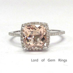 Classic Cushion Morganite Ring Diamond Halo 14K Rose Gold - Lord of Gem Rings