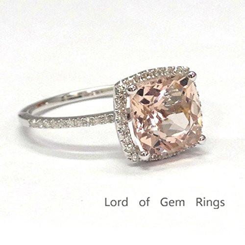 Classic Cushion Morganite Ring Diamond Halo 14K Rose Gold - Lord of Gem Rings