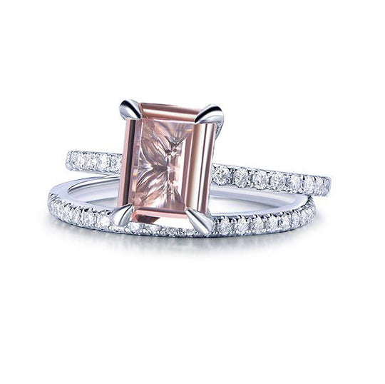 Classic Emerald Cut Morganite Diamond Bridal Set 14K White Gold