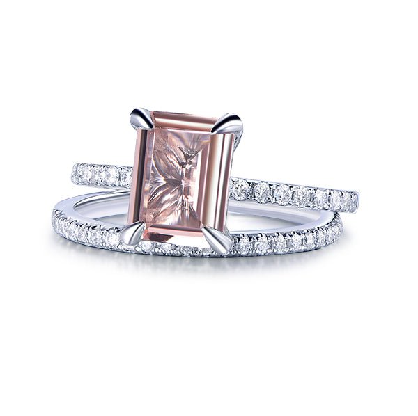 Classic Emerald Cut Morganite Diamond Bridal Set 14K White Gold - Lord of Gem Rings