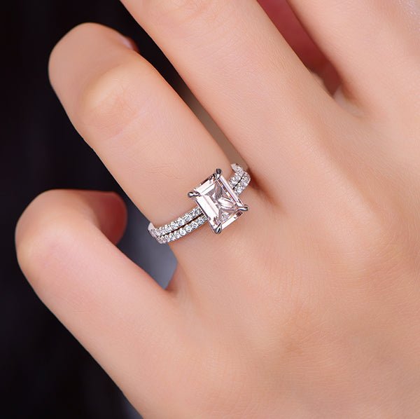 Classic Emerald Cut Morganite Diamond Bridal Set 14K White Gold - Lord of Gem Rings