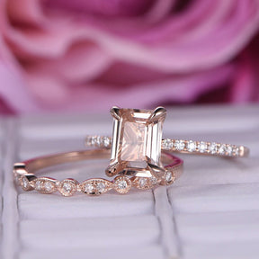 Classic Emerald Cut Morganite Ring Art Deco Diamond Bridal Set - Lord of Gem Rings