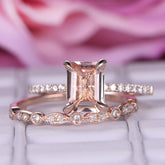 Classic Emerald Cut Morganite Ring Art Deco Diamond Bridal Set - Lord of Gem Rings