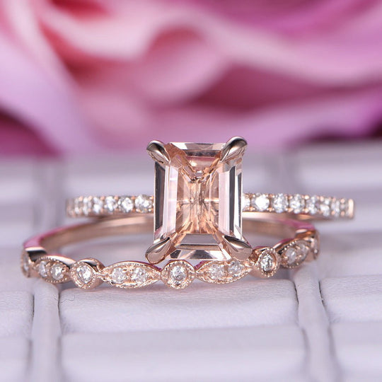 Classic Emerald Cut Morganite Ring Art Deco Diamond Bridal Set
