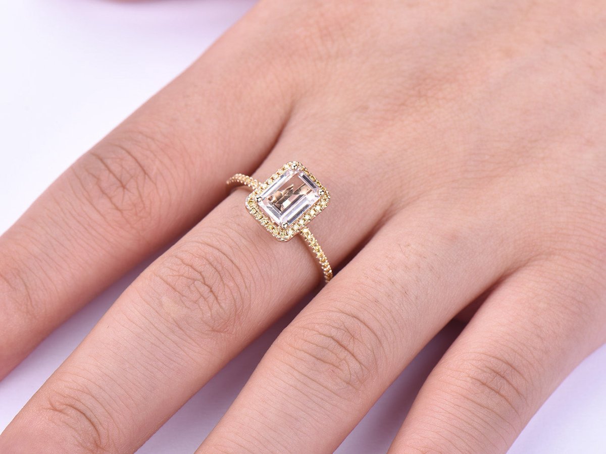 Classic Emerald Cut Morganite Ring with Champagne Diamond Accents - Lord of Gem Rings