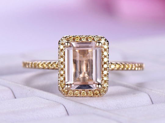 1.3ct Classic Emerald Cut Morganite Ring Champagne Diamond Halo
