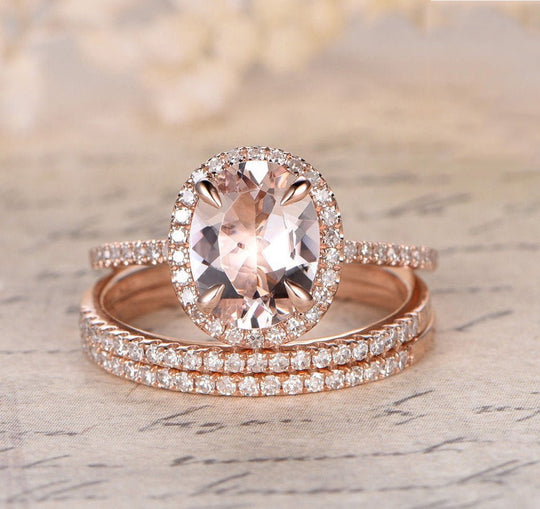 Classic Oval Morganite Accents Diamond Halo Trio Set