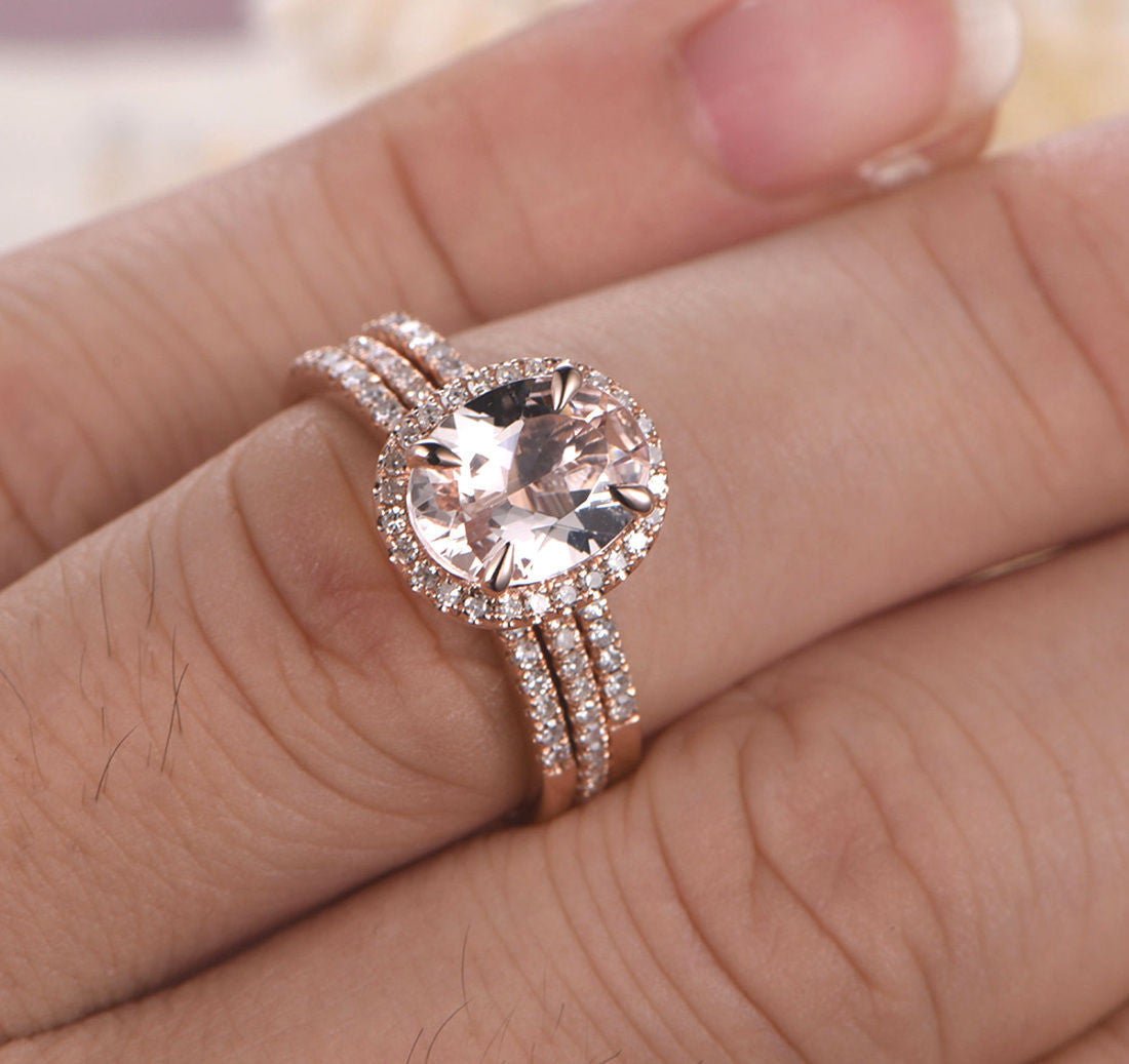 Classic Oval Morganite Accents Diamond Halo Trio Set - Lord of Gem Rings