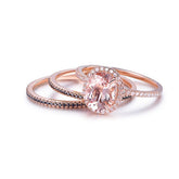 Classic Oval Morganite Halo Ring Black Diamond Accents Trio Set - Lord of Gem Rings