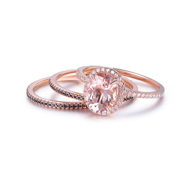 Classic Oval Morganite Halo Ring Black Diamond Accents Trio Set - Lord of Gem Rings