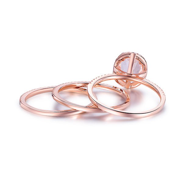 Classic Oval Morganite Halo Ring Black Diamond Accents Trio Set - Lord of Gem Rings