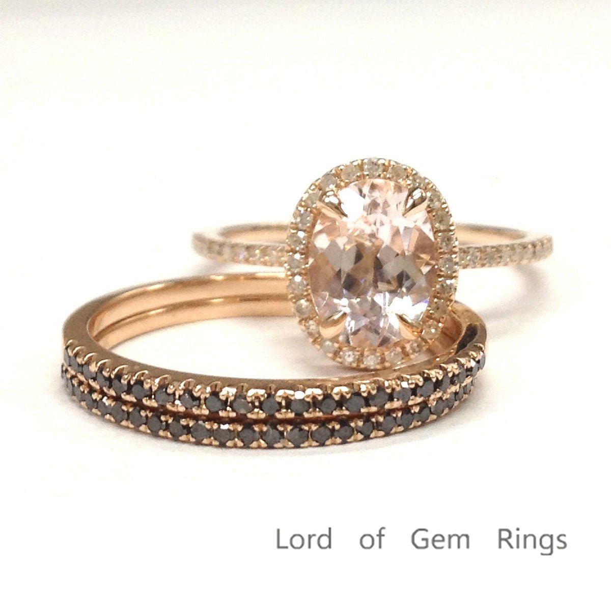 Classic Oval Morganite Halo Ring Black Diamond Accents Trio Set - Lord of Gem Rings