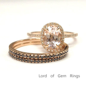 Classic Oval Morganite Halo Ring Black Diamond Accents Trio Set - Lord of Gem Rings