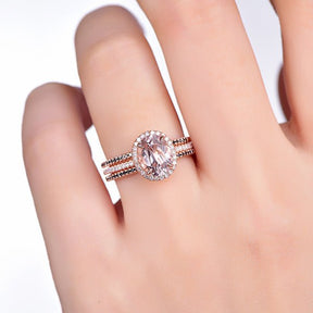 Classic Oval Morganite Halo Ring Black Diamond Accents Trio Set - Lord of Gem Rings