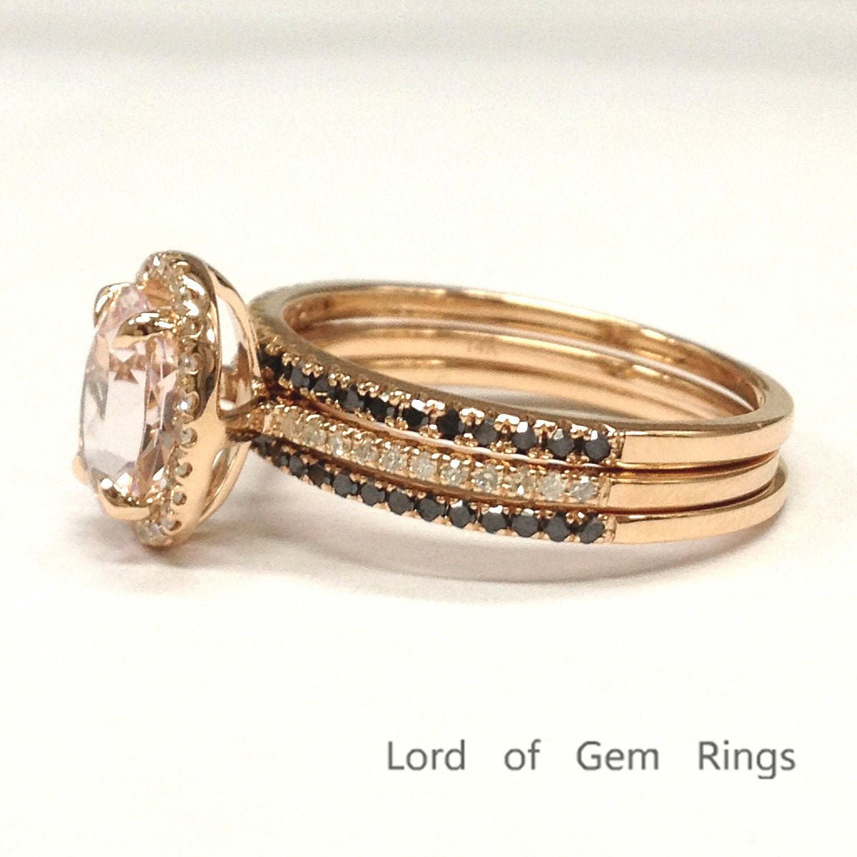 Classic Oval Morganite Halo Ring Black Diamond Accents Trio Set - Lord of Gem Rings