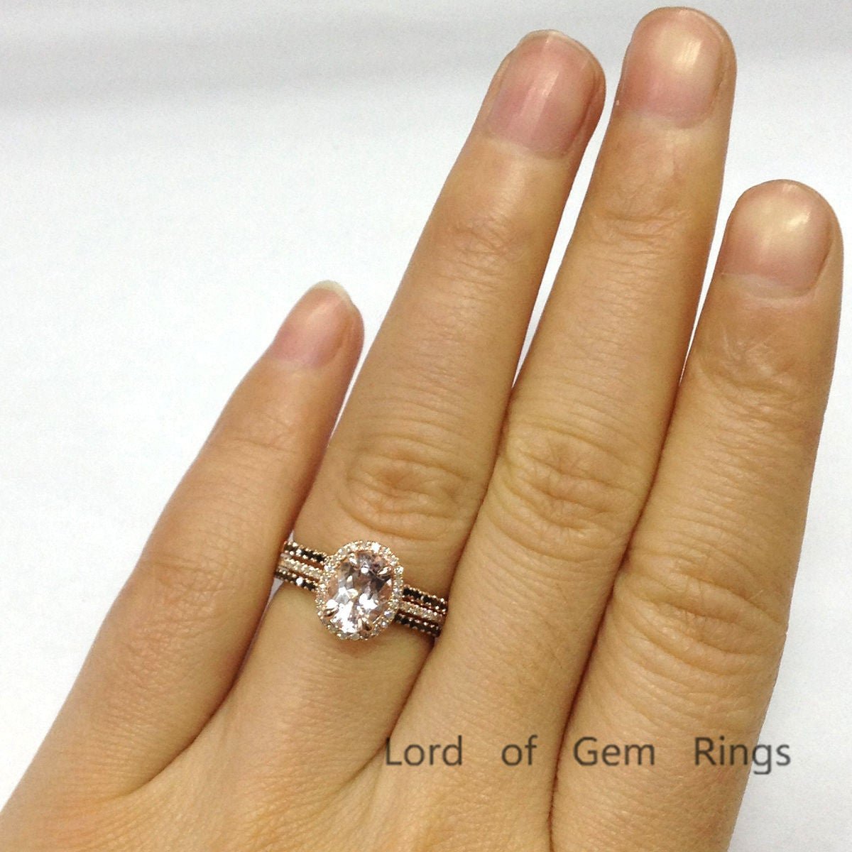 Classic Oval Morganite Halo Ring Black Diamond Accents Trio Set - Lord of Gem Rings