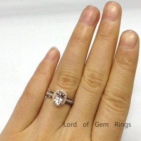 Classic Oval Morganite Halo Ring Black Diamond Accents Trio Set - Lord of Gem Rings