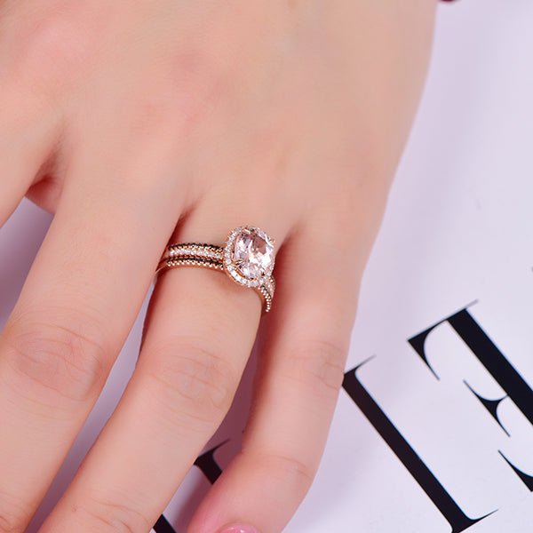 Classic Oval Morganite Halo Ring Black Diamond Accents Trio Set - Lord of Gem Rings