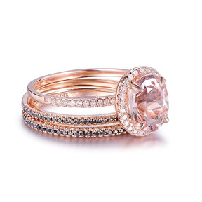Classic Oval Morganite Halo Ring Black Diamond Accents Trio Set - Lord of Gem Rings