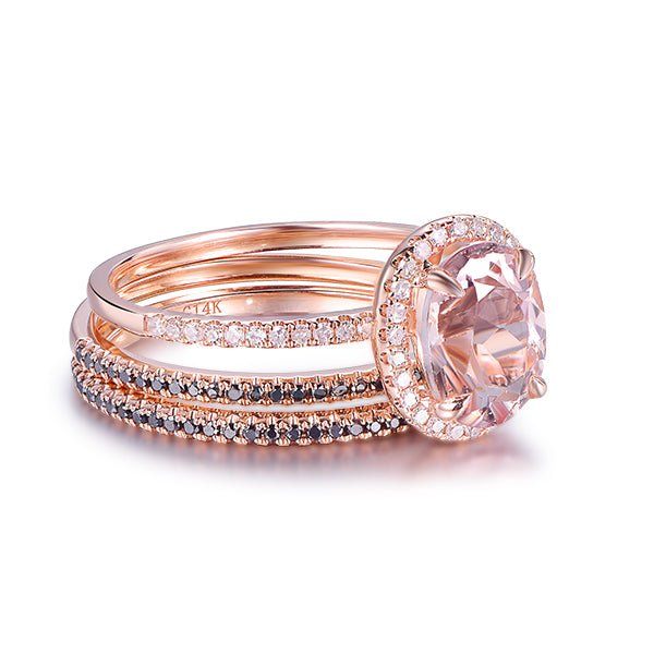 Classic Oval Morganite Halo Ring Black Diamond Accents Trio Set - Lord of Gem Rings
