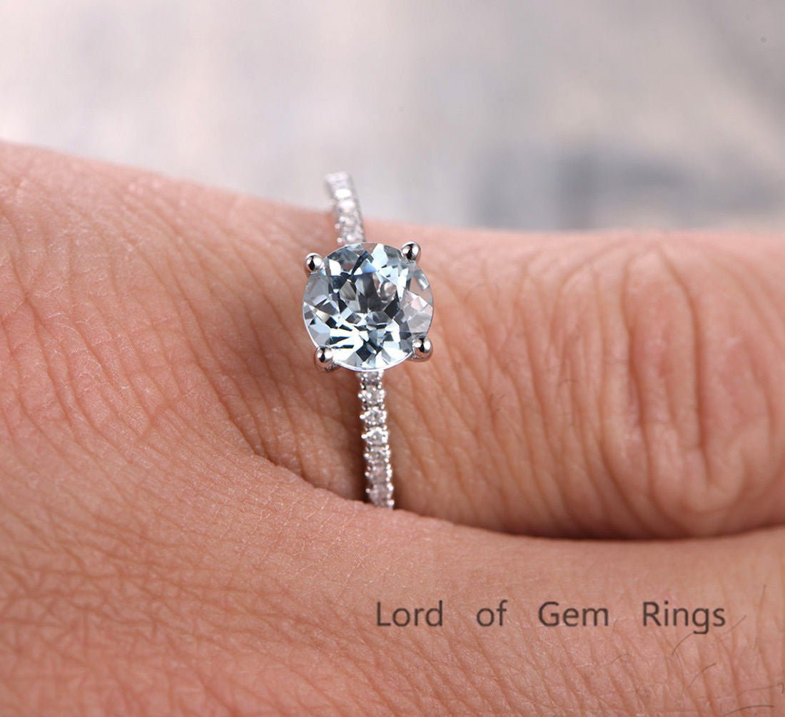 Classic Round Aquamarine Diamond Engagement Ring 14K White Gold - Lord of Gem Rings